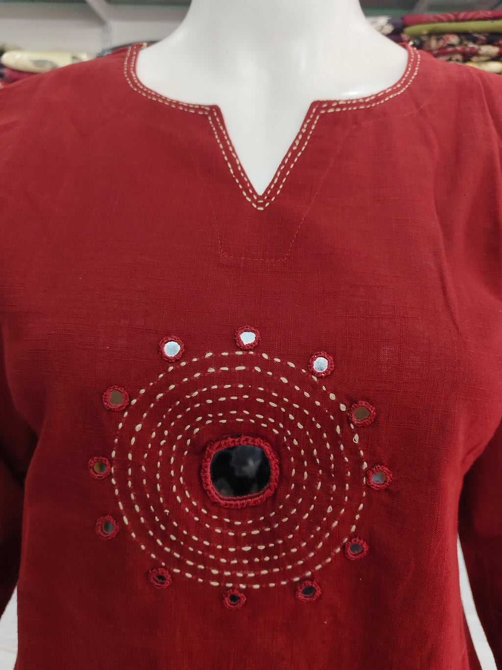 Women’s Maroon Cotton Flex Short Top with Mirror Work & Hand Stitch Detailing