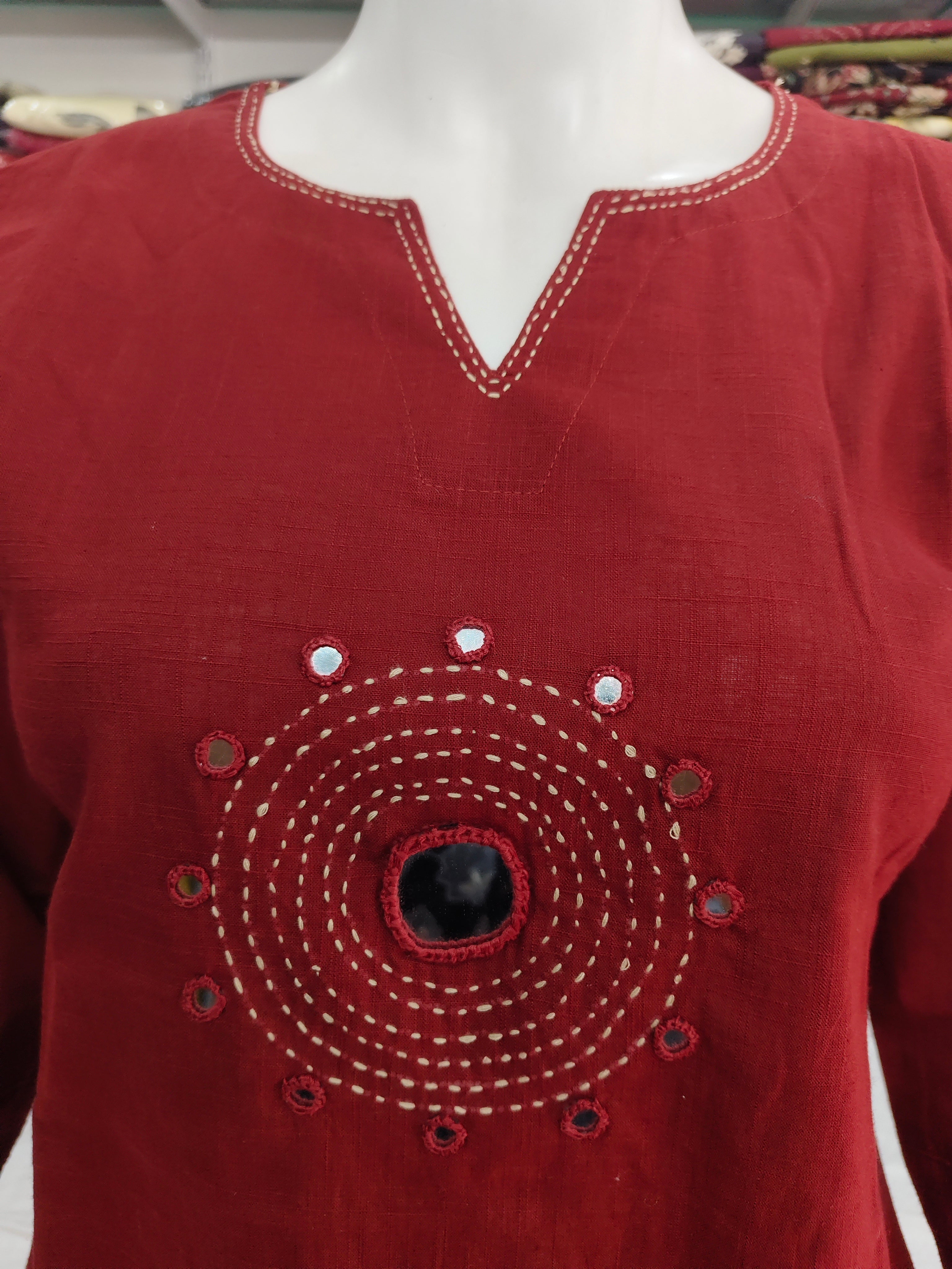Women’s Maroon Cotton Flex Short Top with Mirror Work & Hand Stitch Detailing