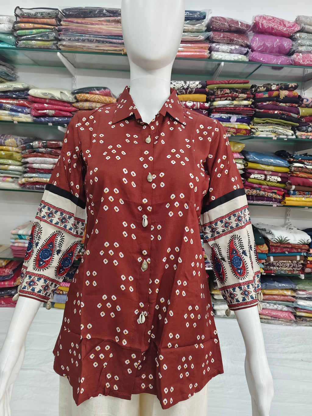 Rust Bandhani Print Viscose Short Top with Designer Sleeves & Collar Neck