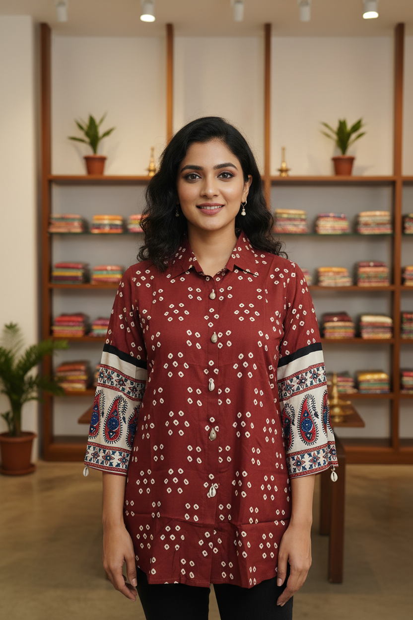 Rust Bandhani Print Viscose Short Top with Designer Sleeves & Collar Neck