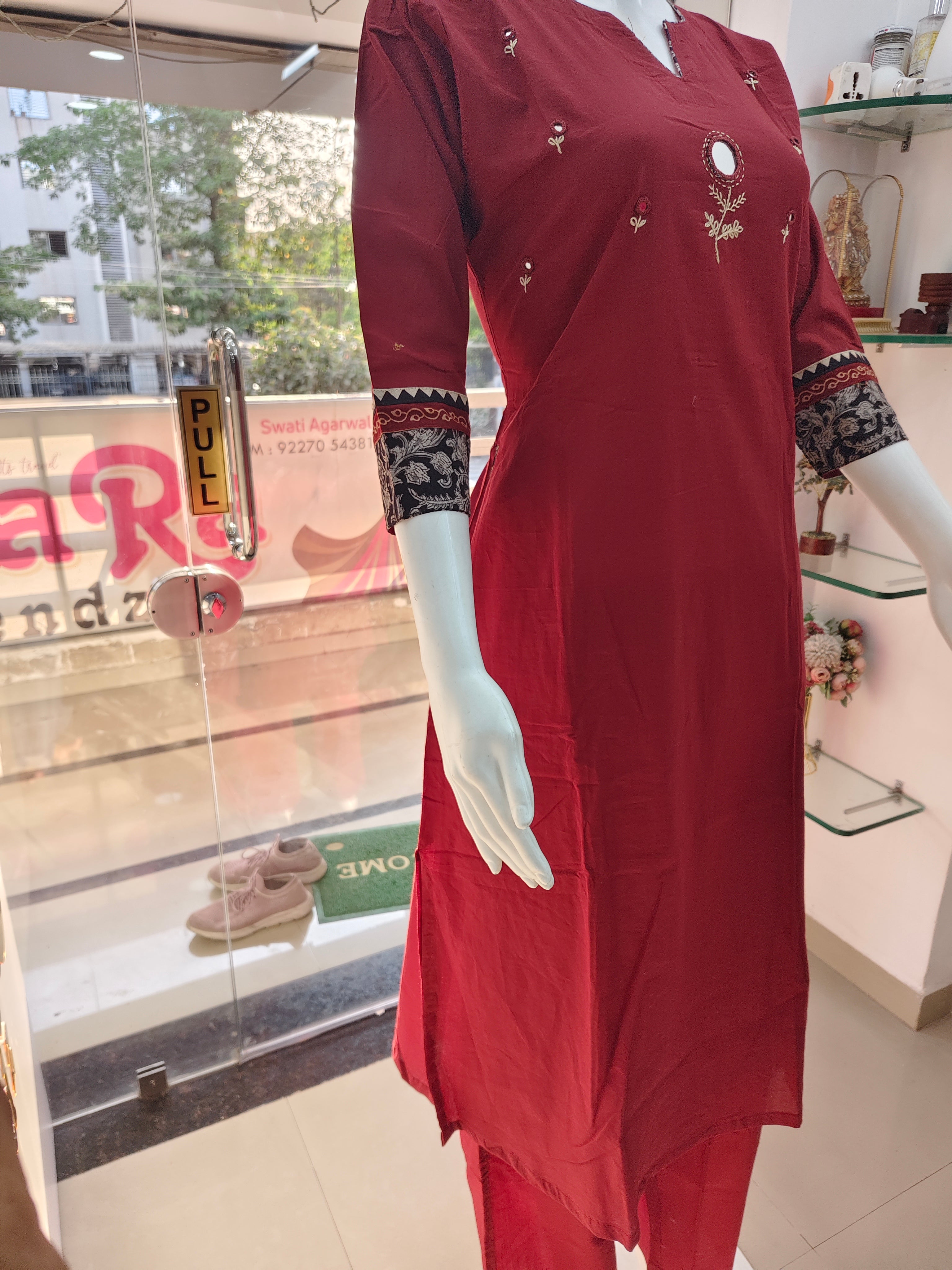 Maroon Embroidered Cotton Blend Kurta Pant Set for Women | Stylish 2 Piece Ethnic Wear