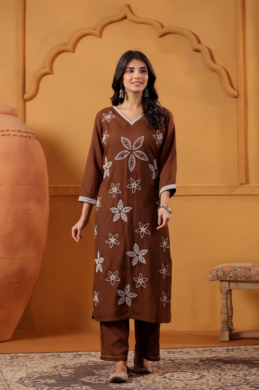 Elegant Chocolate Brown Embroidered 2-Piece Kurta Pant Set