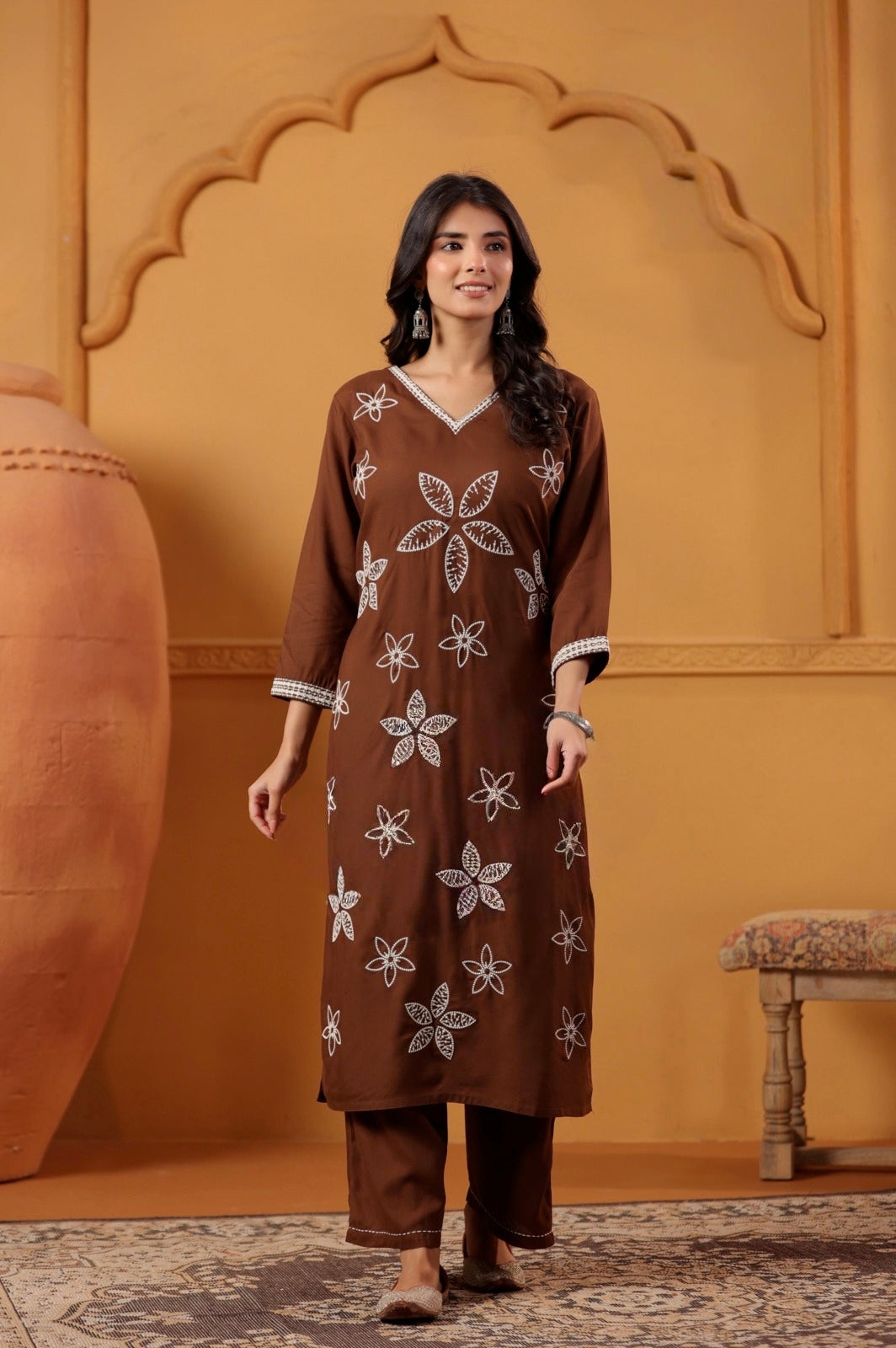 Elegant Chocolate Brown Embroidered 2-Piece Kurta Pant Set