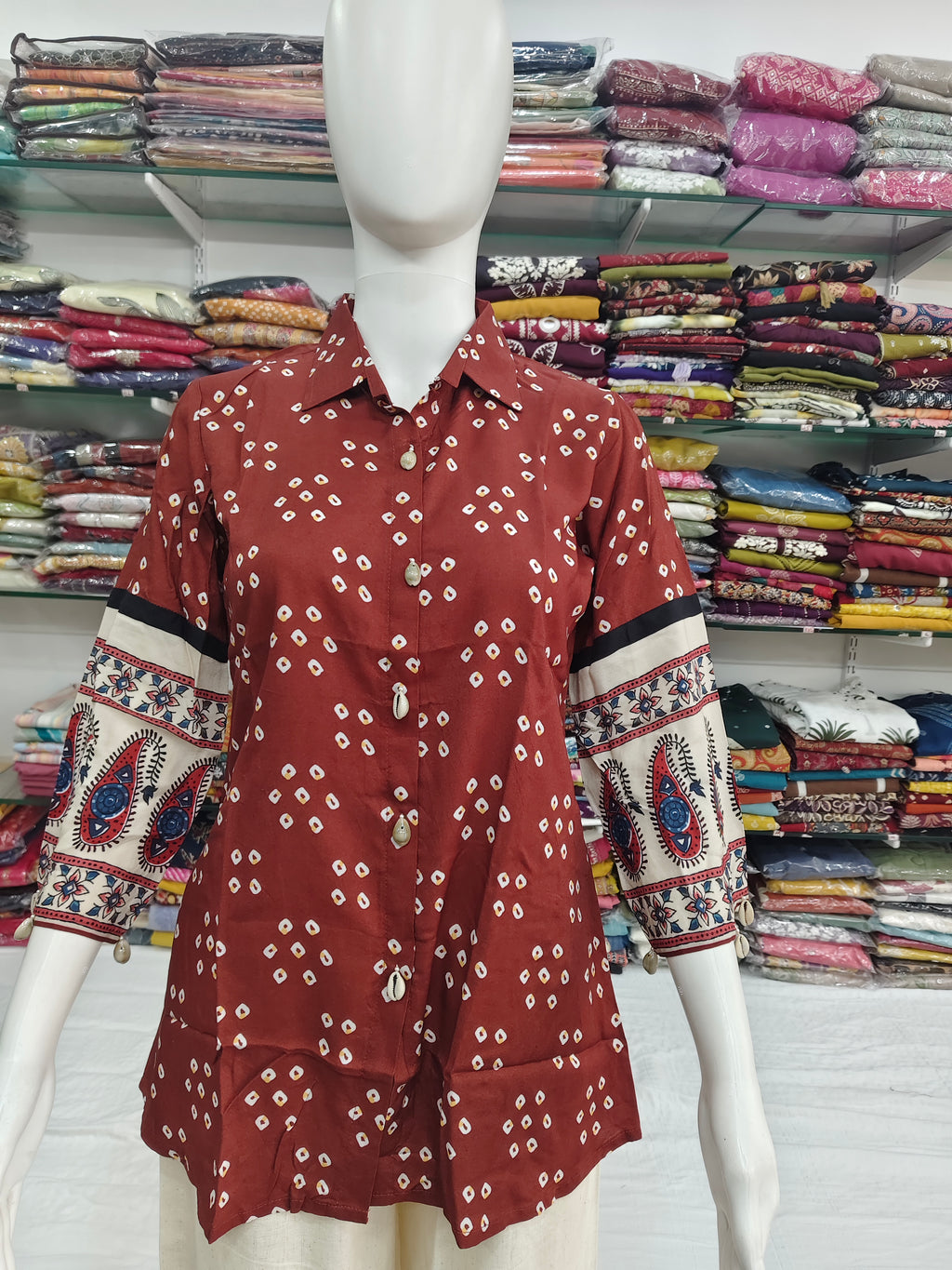 Rust Bandhani Print Viscose Short Top with Designer Sleeves & Collar Neck