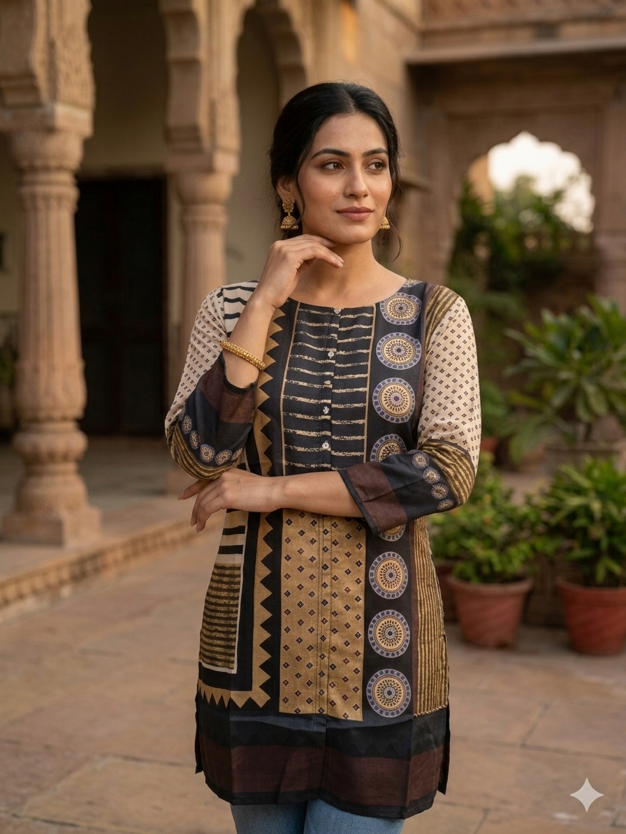 Classic Silk Printed Short Kurti Top for Women – Elegant Ethnic Casual Wear