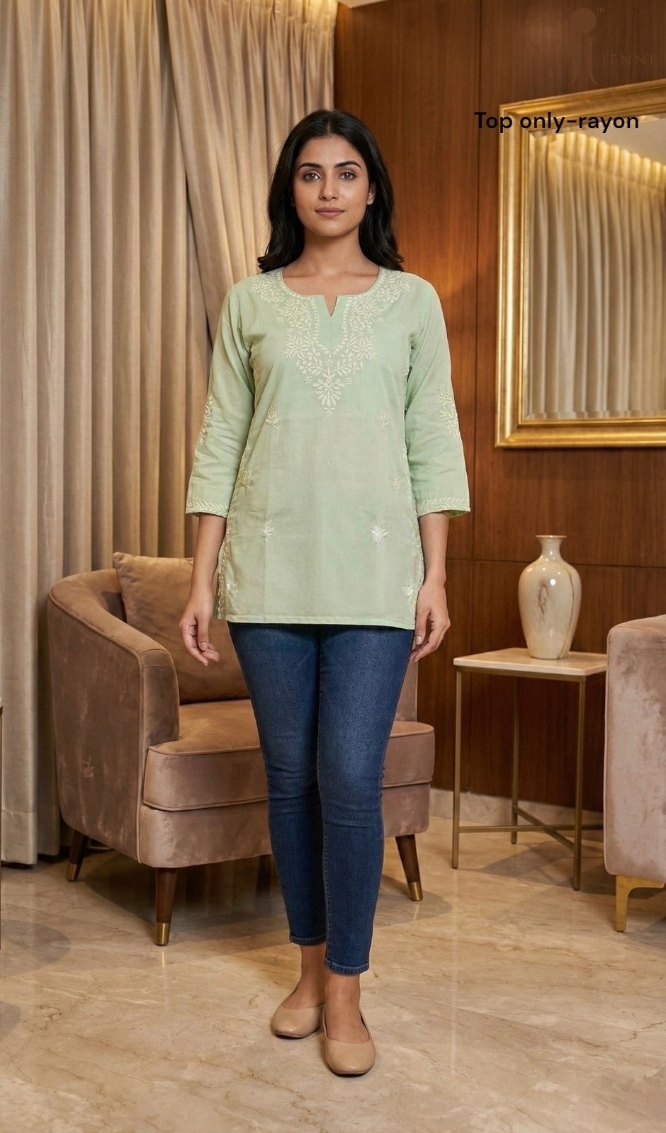 Women’s Mul Cotton Embroidered Short Kurti Top – Pista Green