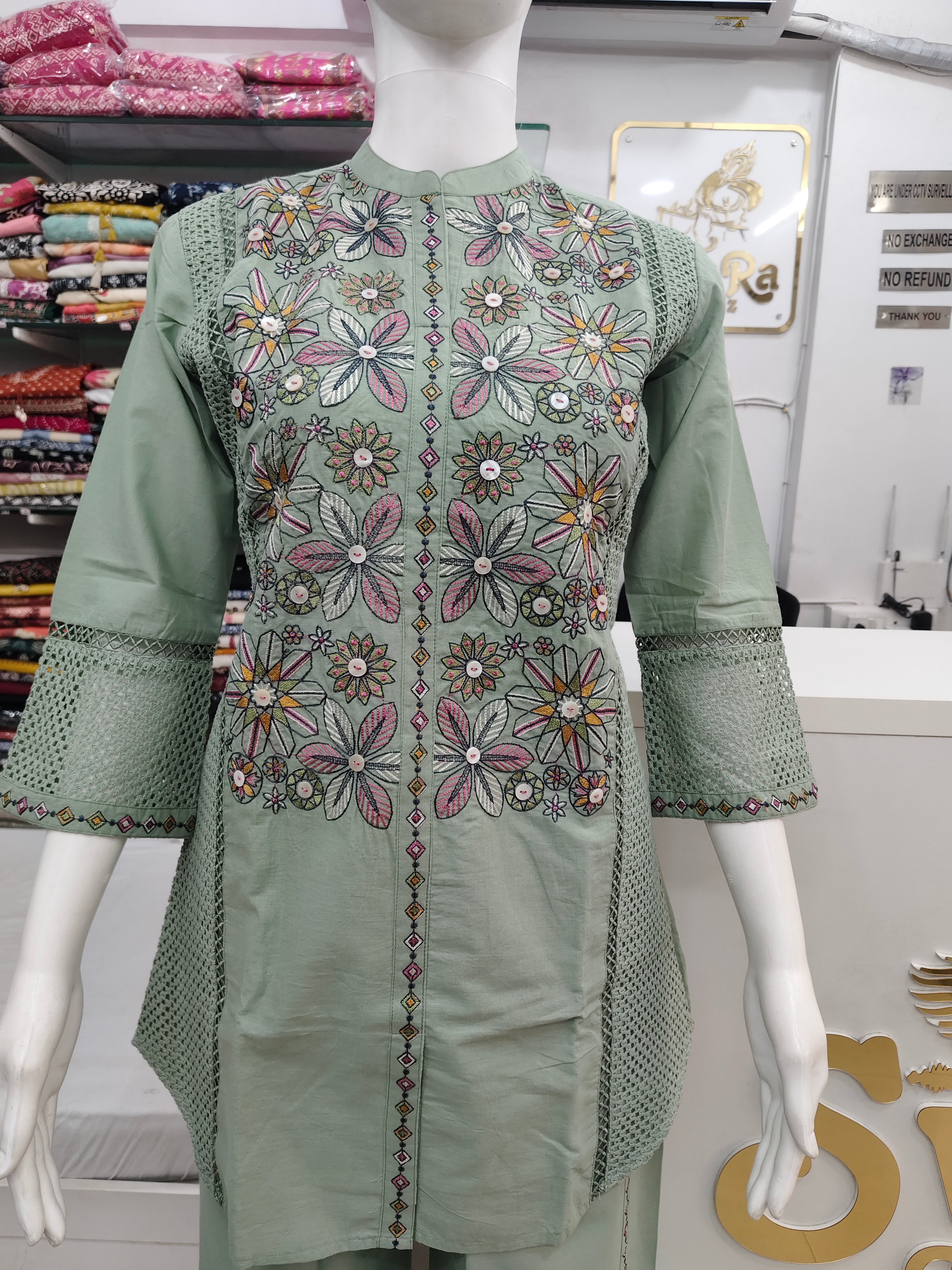 Sage Pastel Green Embroidered and Crochet Co-Ord Set