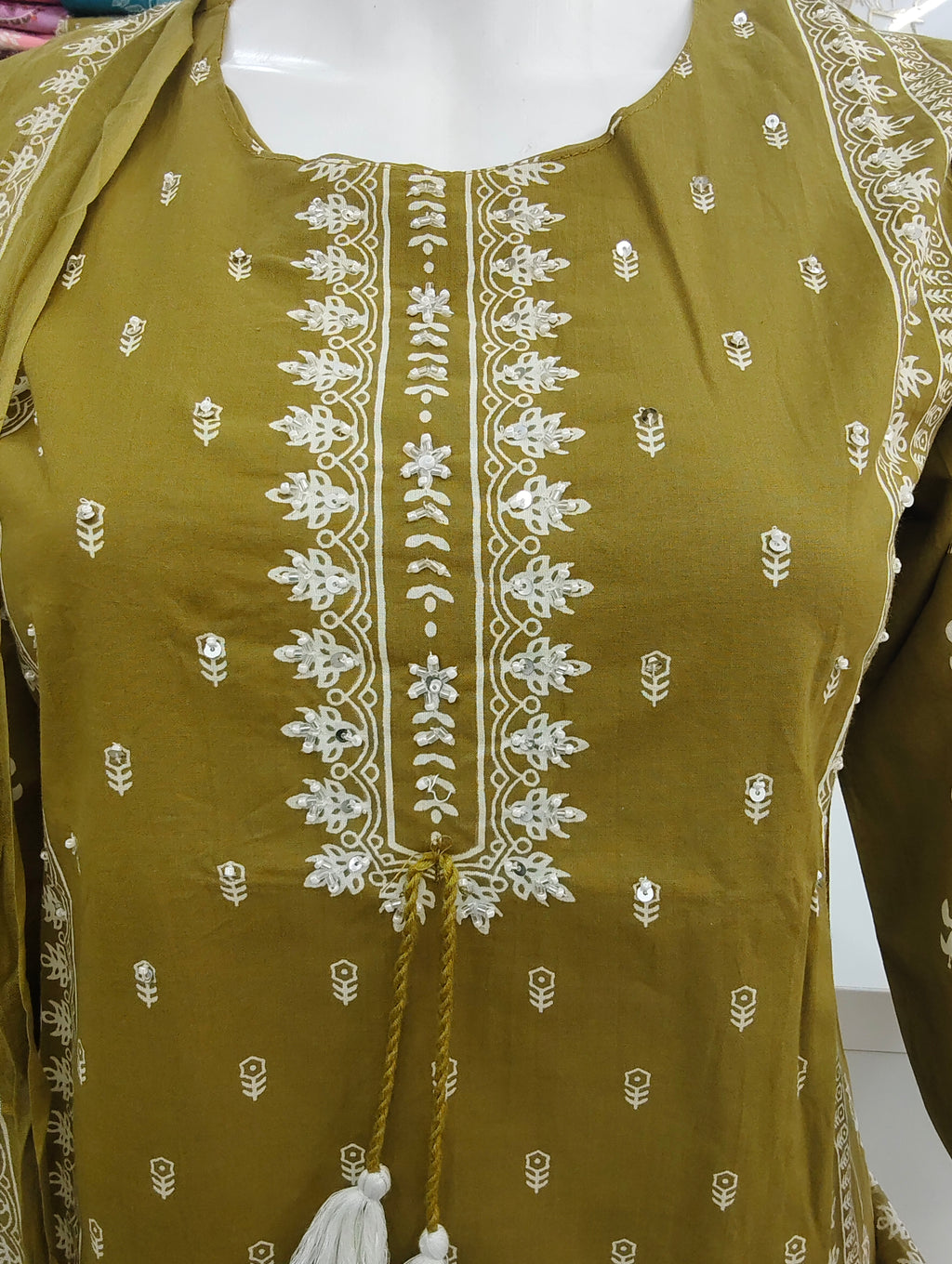 Olive Green Mul Cotton Printed Kurta Set with Dupatta | 3 Piece Ethnic Suit Set