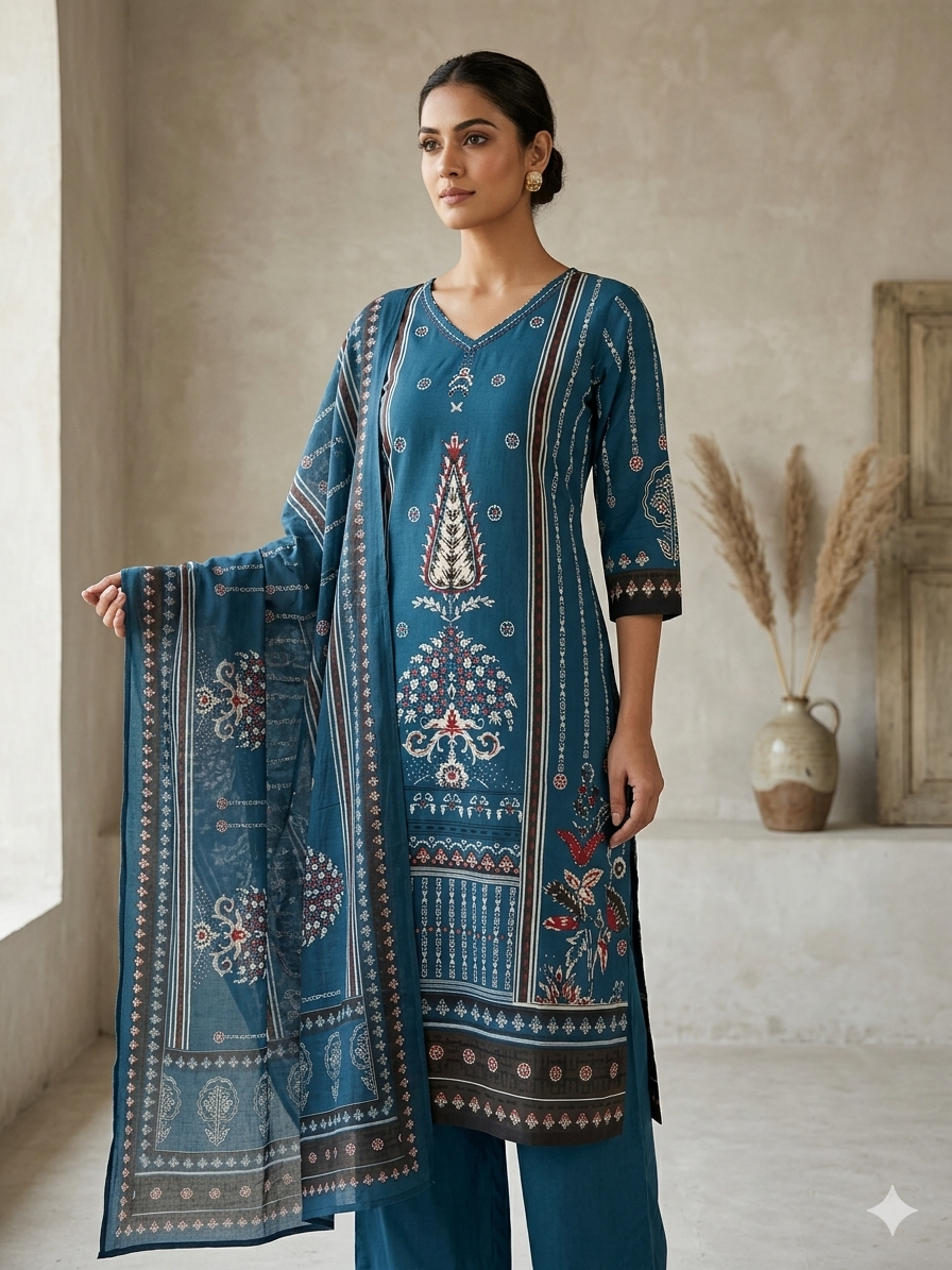 Elegant Blue Printed Cotton 3 Piece Suit Set with Dupatta