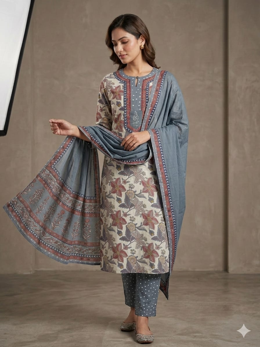 Elegant Floral Printed Cotton Kurta Set with Pants & Dupatta – Blue