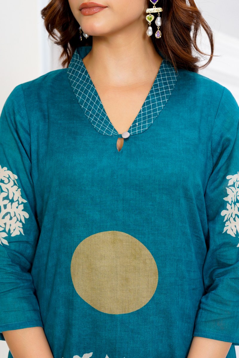 Teal Printed Cotton Kurta Set with Palazzo – Elegant Festive & Casual Wear