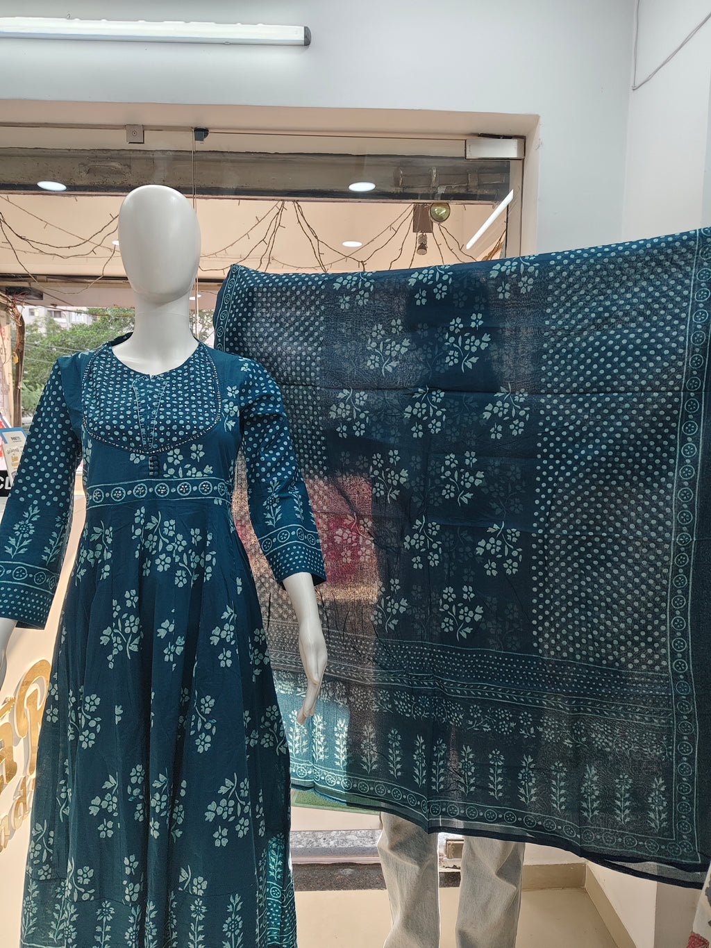Teal Blue Handblock Printed Cotton Anarkali Suit Set with Dupatta | 3 Piece Ethnic Set