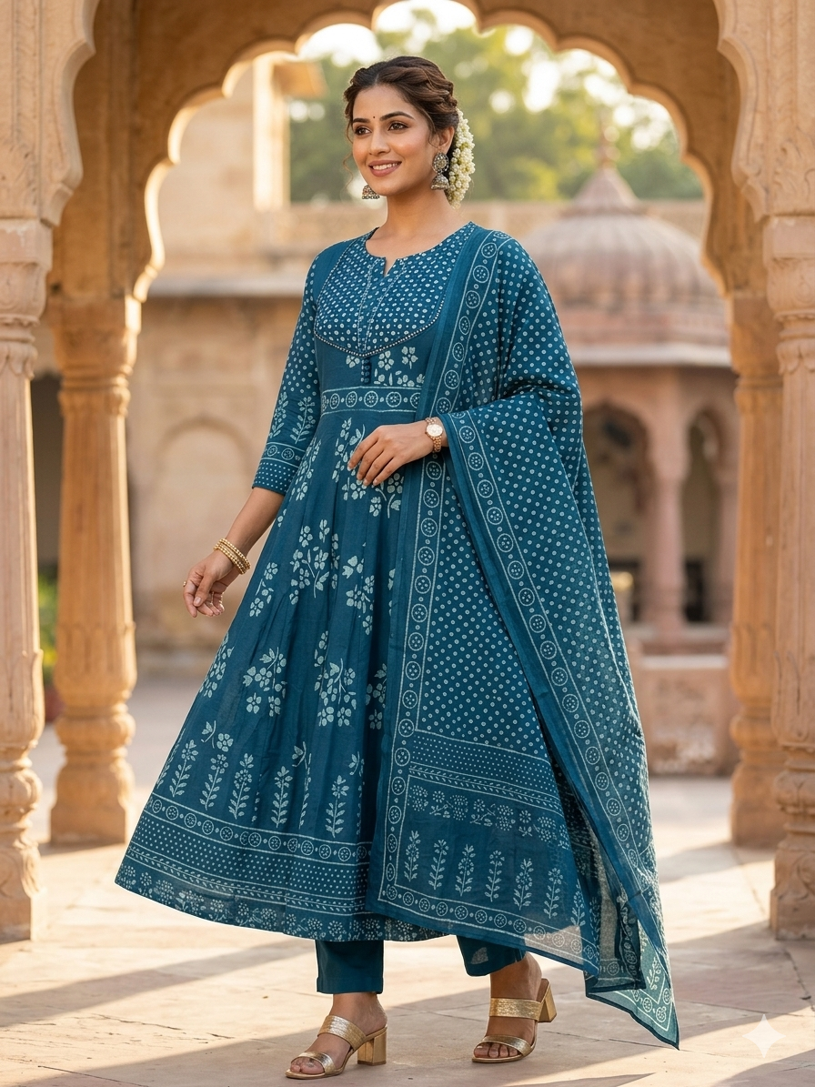Teal Blue Handblock Printed Cotton Anarkali Suit Set with Dupatta | 3 Piece Ethnic Set