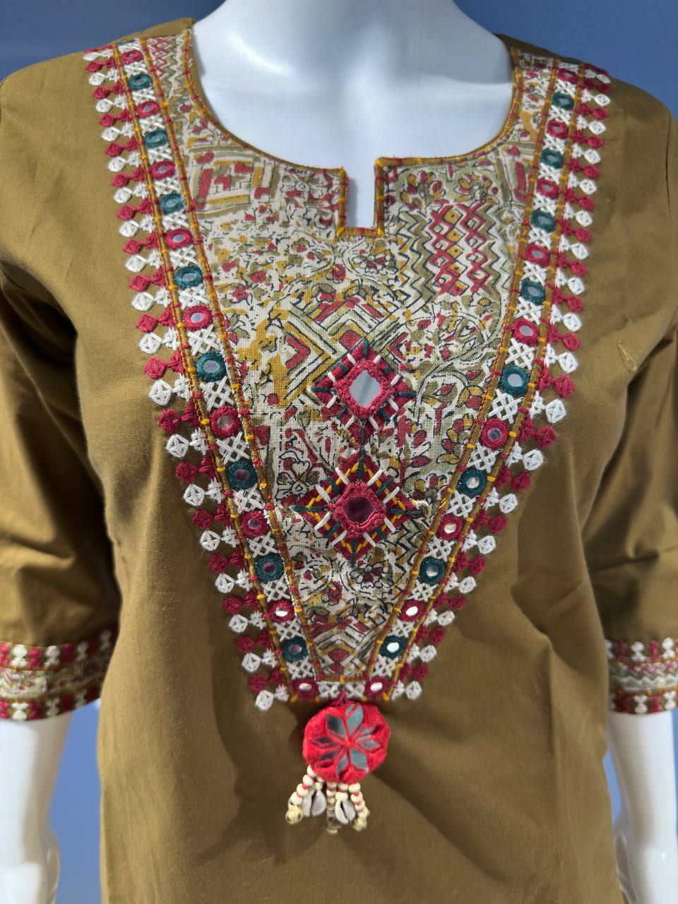 Elegant Olive Embroidered Kurta Set with Printed Dupatta