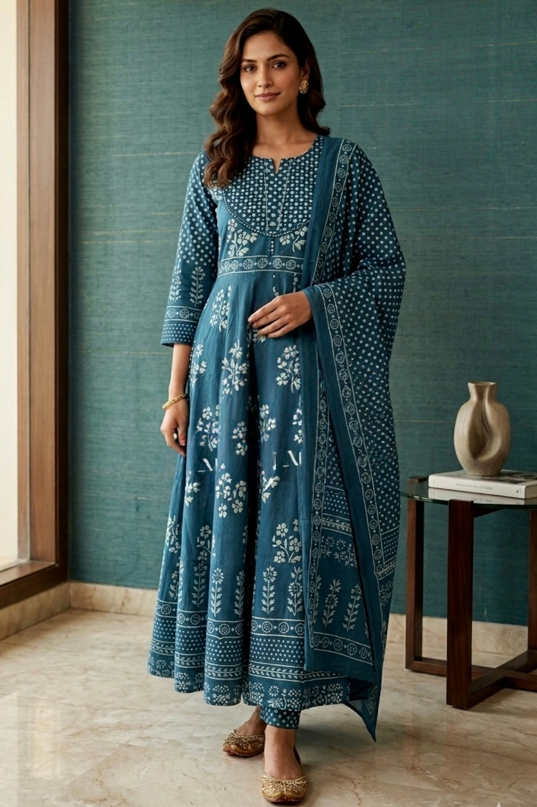 Teal Blue Handblock Printed Cotton Anarkali Suit Set with Dupatta | 3 Piece Ethnic Set