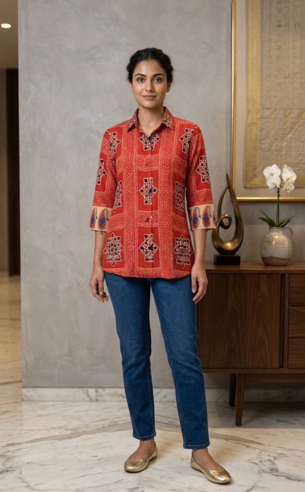 Stylish Red Viscose Printed Short Top with Shirt Collar & Designer Sleeves