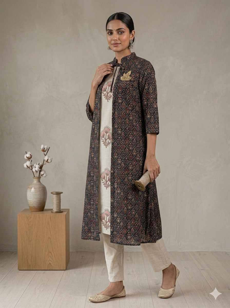 Elegant Cotton Flex Kurti Set with Printed Jacket – Ethnic Floral Design