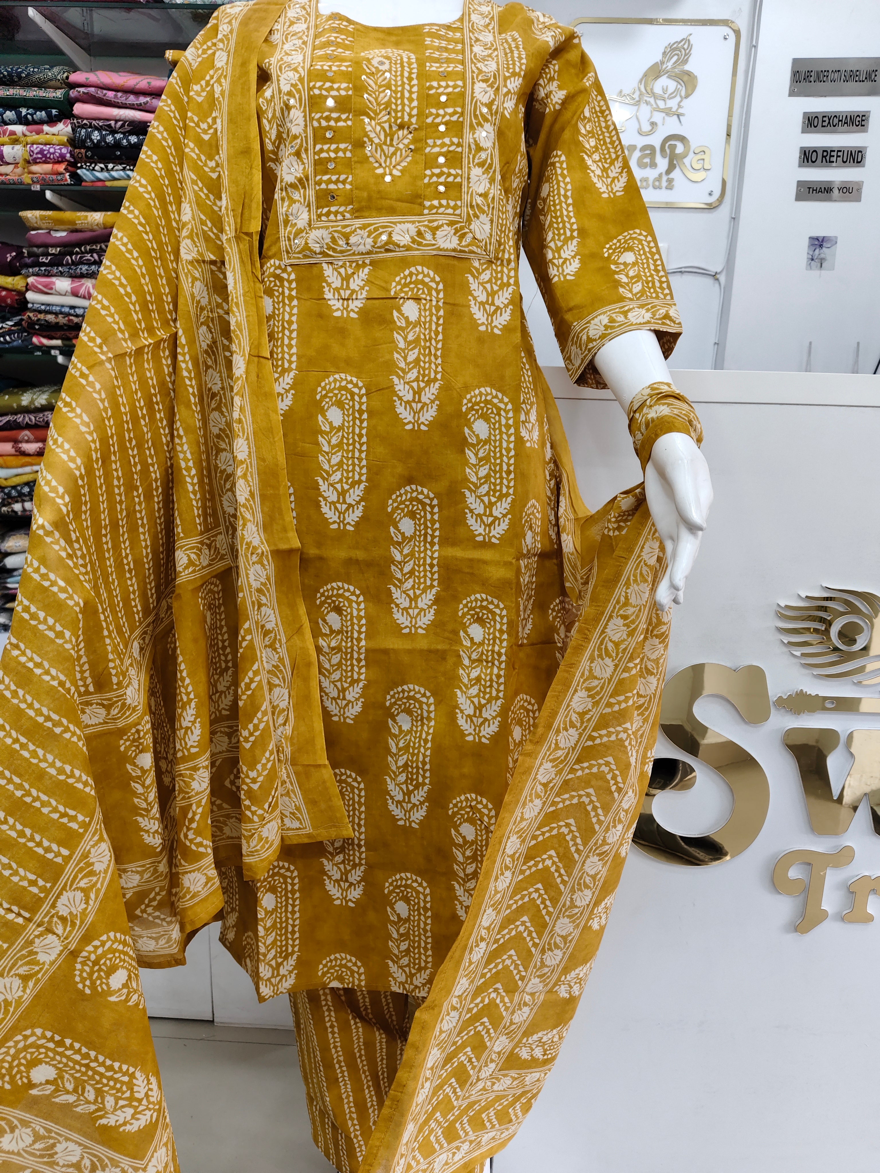 Mustard Yellow Pure Cotton Printed Kurta Pant Dupatta Set for Women | Ethnic 3 Piece Suit