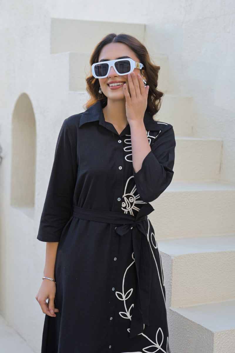 Black Abstract Appliqued Shirt Dress with Belt