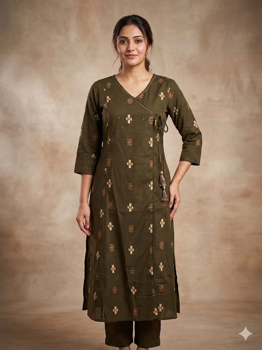 Olive Green Handblock Printed Angrakha Cotton Kurta Set with Dupatta