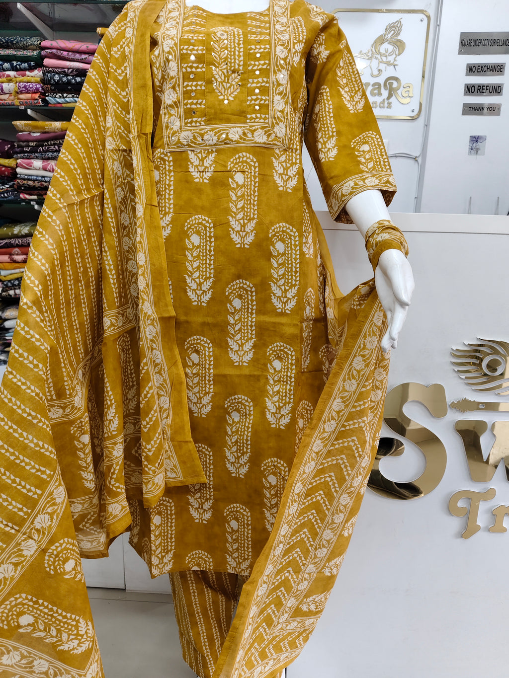 Mustard Yellow Pure Cotton Printed Kurta Pant Dupatta Set for Women | Ethnic 3 Piece Suit