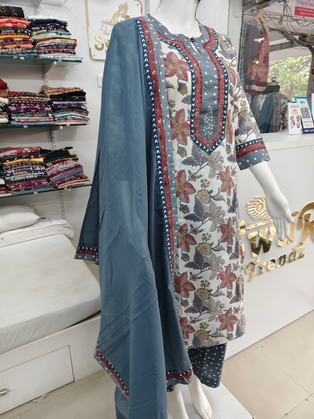 Elegant Floral Printed Cotton Kurta Set with Pants & Dupatta – Blue
