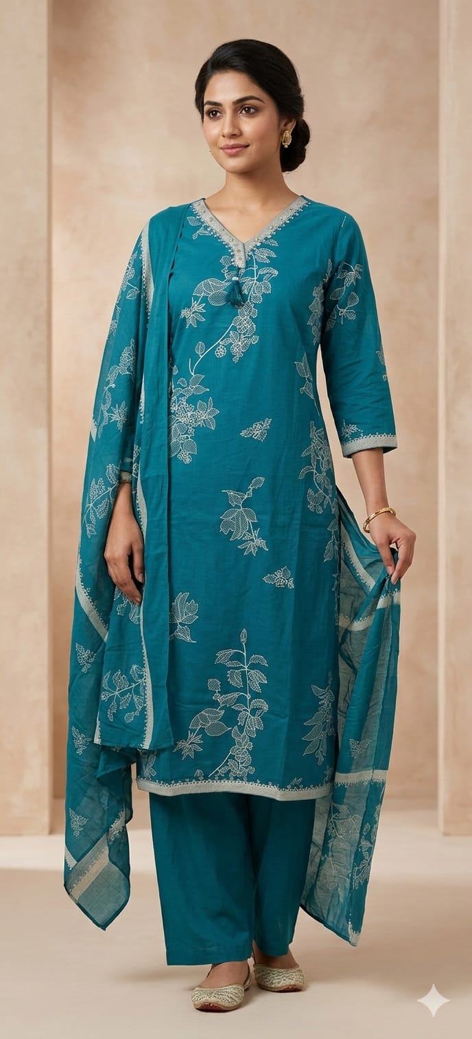 Teal Blue Mul Cotton Floral Printed Kurta Pant Dupatta Set for Women | Elegant Ethnic 3 Piece Suit
