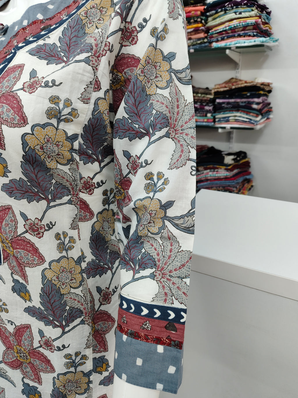 Elegant Floral Printed Cotton Kurta Set with Pants & Dupatta – Blue