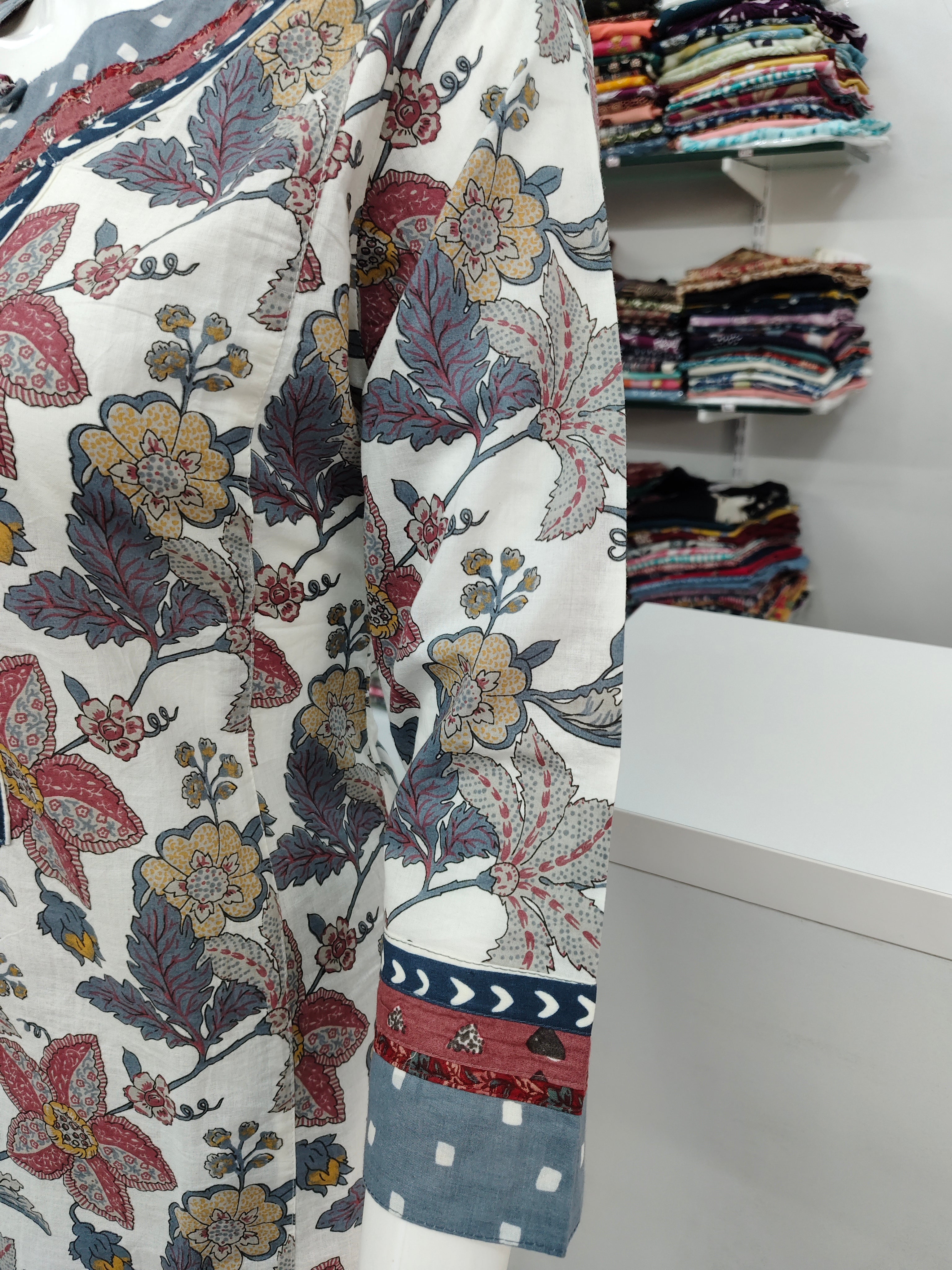 Elegant Floral Printed Cotton Kurta Set with Pants & Dupatta – Blue