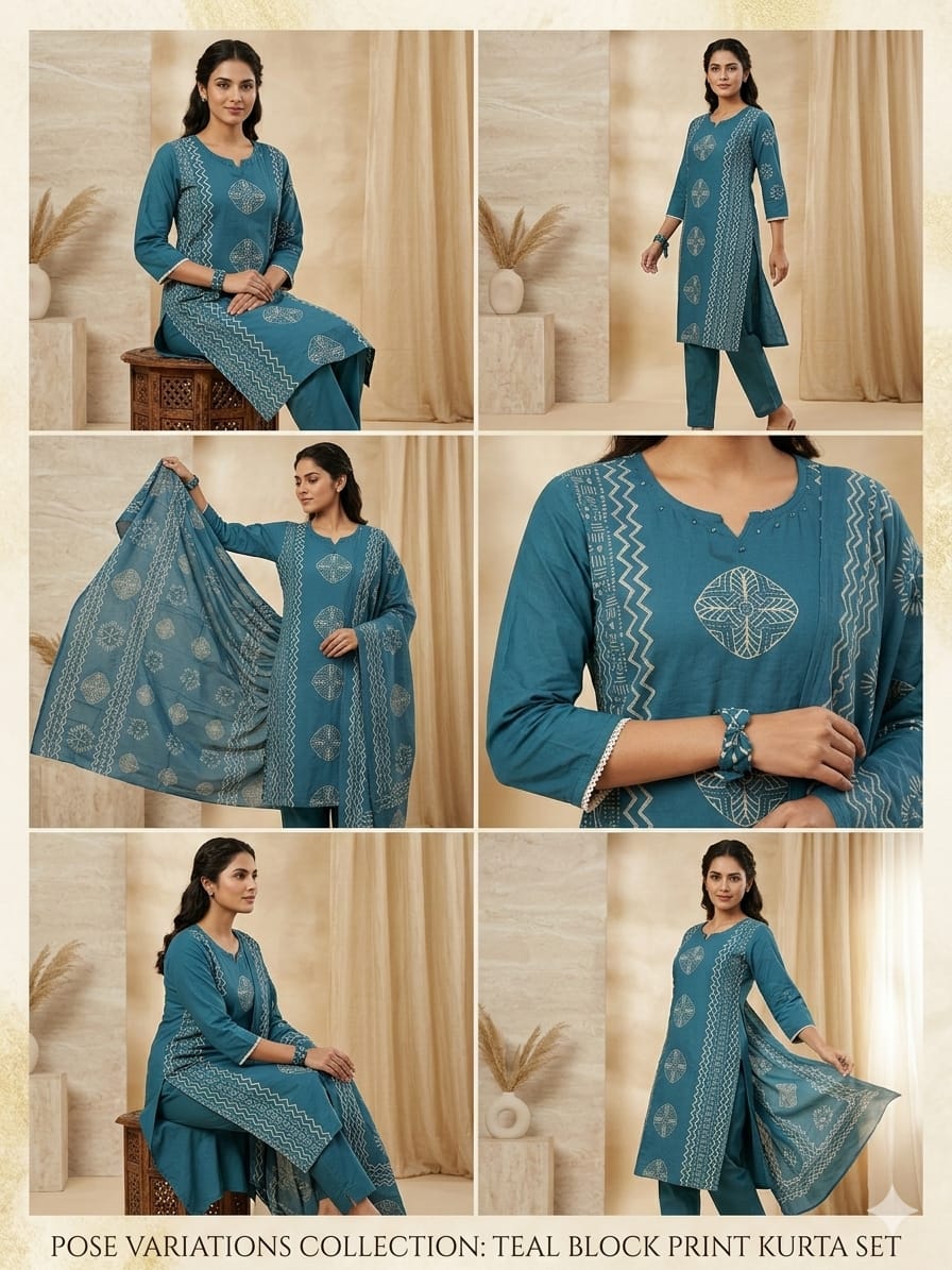 Deep Teal Geometric Block Print Kurta set with Dupatta