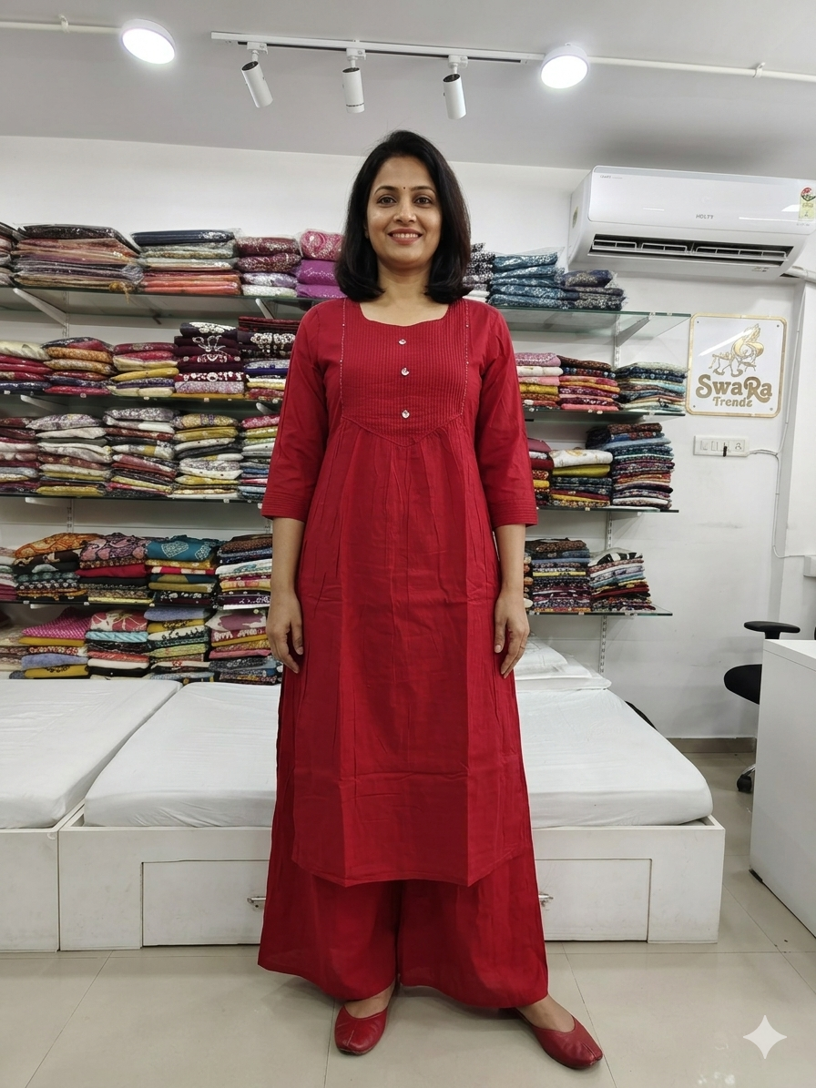 Elegant Mul Cotton 2-Piece Red Kurti Palazzo Set – Soft & Breathable Daily Wear
