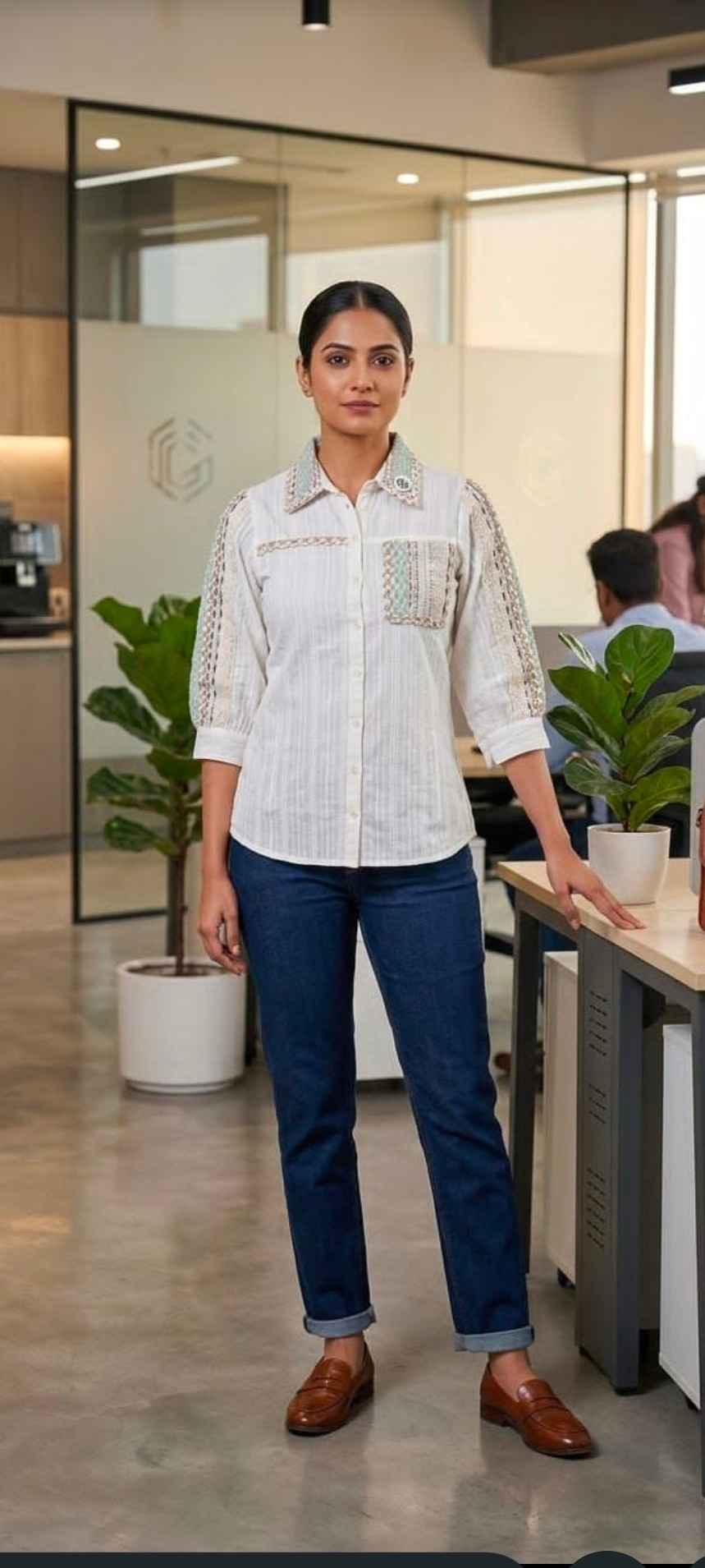 Elegant Pure Cotton Textured Short Top with Handcrafted Jute Lace Detailing
