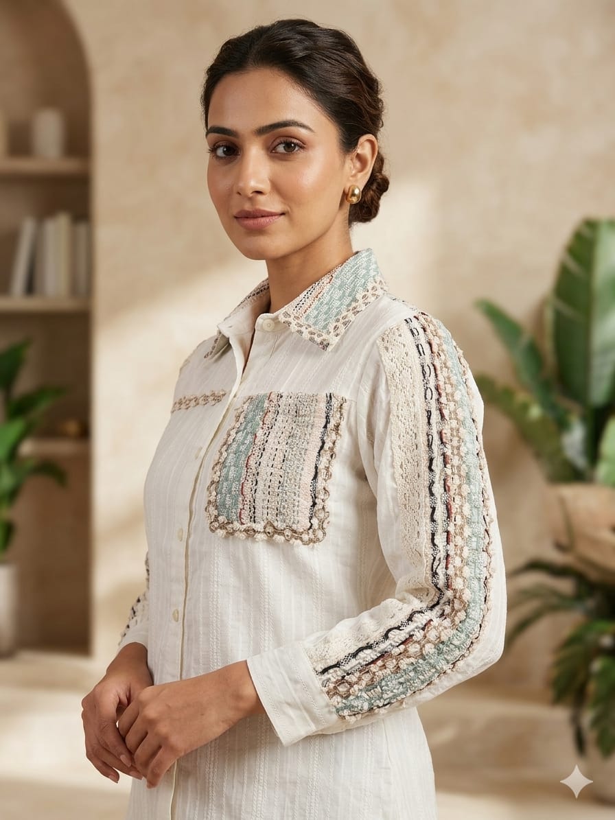 Elegant Pure Cotton Textured Short Top with Handcrafted Jute Lace Detailing