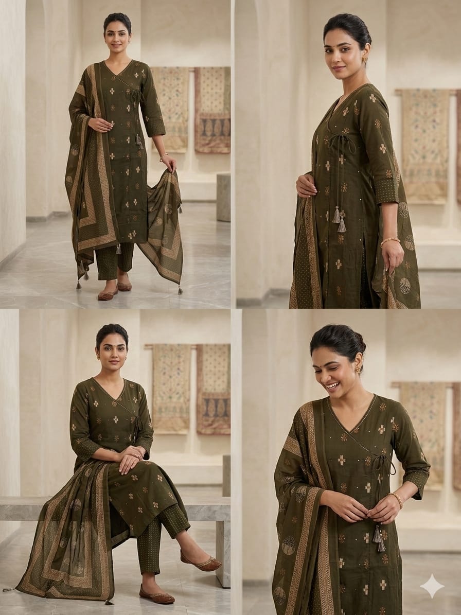 Olive Green Handblock Printed Angrakha Cotton Kurta Set with Dupatta