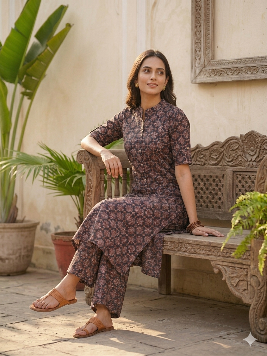 Elegant Printed Cotton 2-Piece Kurti Pant Set for Women