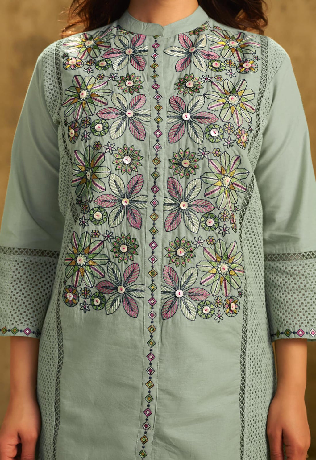 Sage Pastel Green Embroidered and Crochet Co-Ord Set