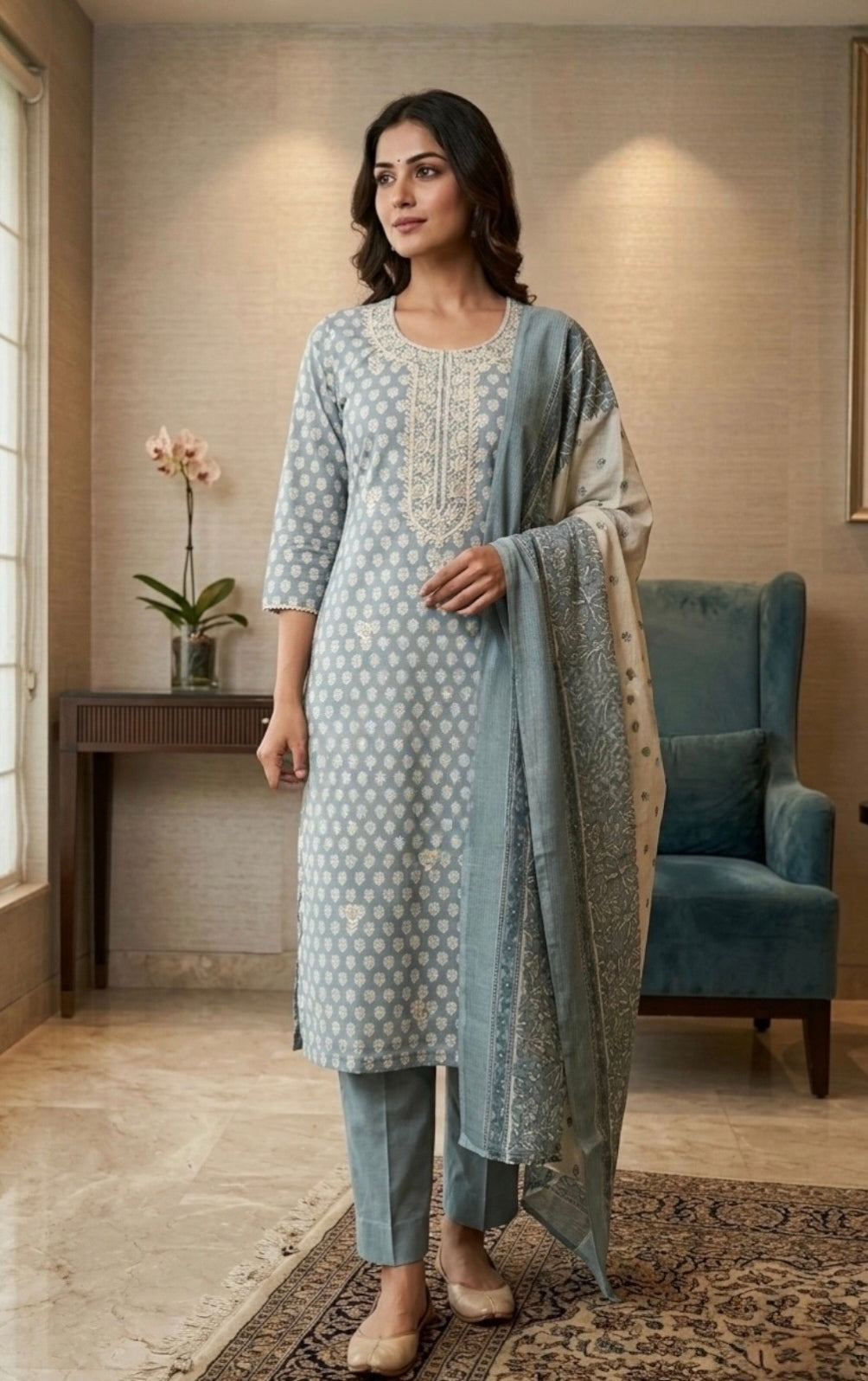 Powder Blue Handblock Printed Cotton Suit Set with Embroidered Neckline & Dupatta