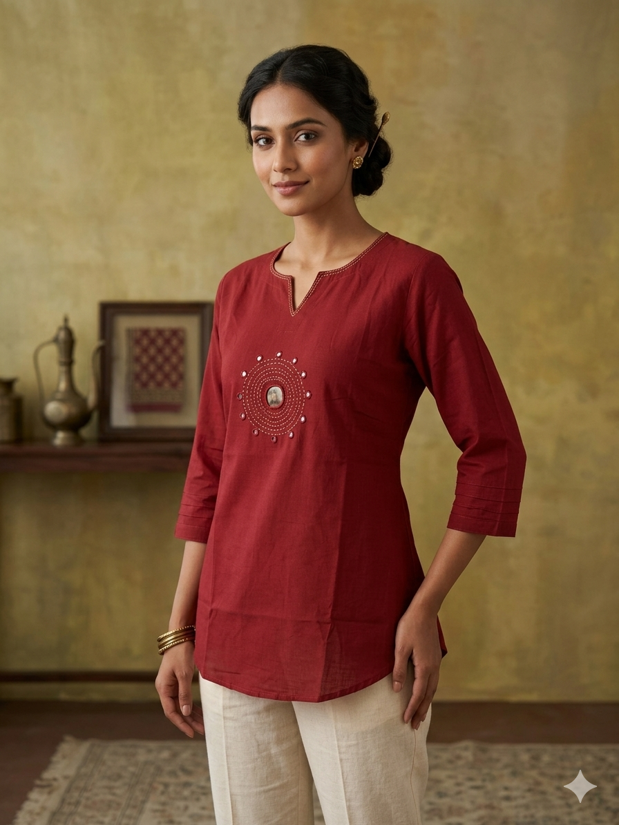 Women’s Maroon Cotton Flex Short Top with Mirror Work & Hand Stitch Detailing