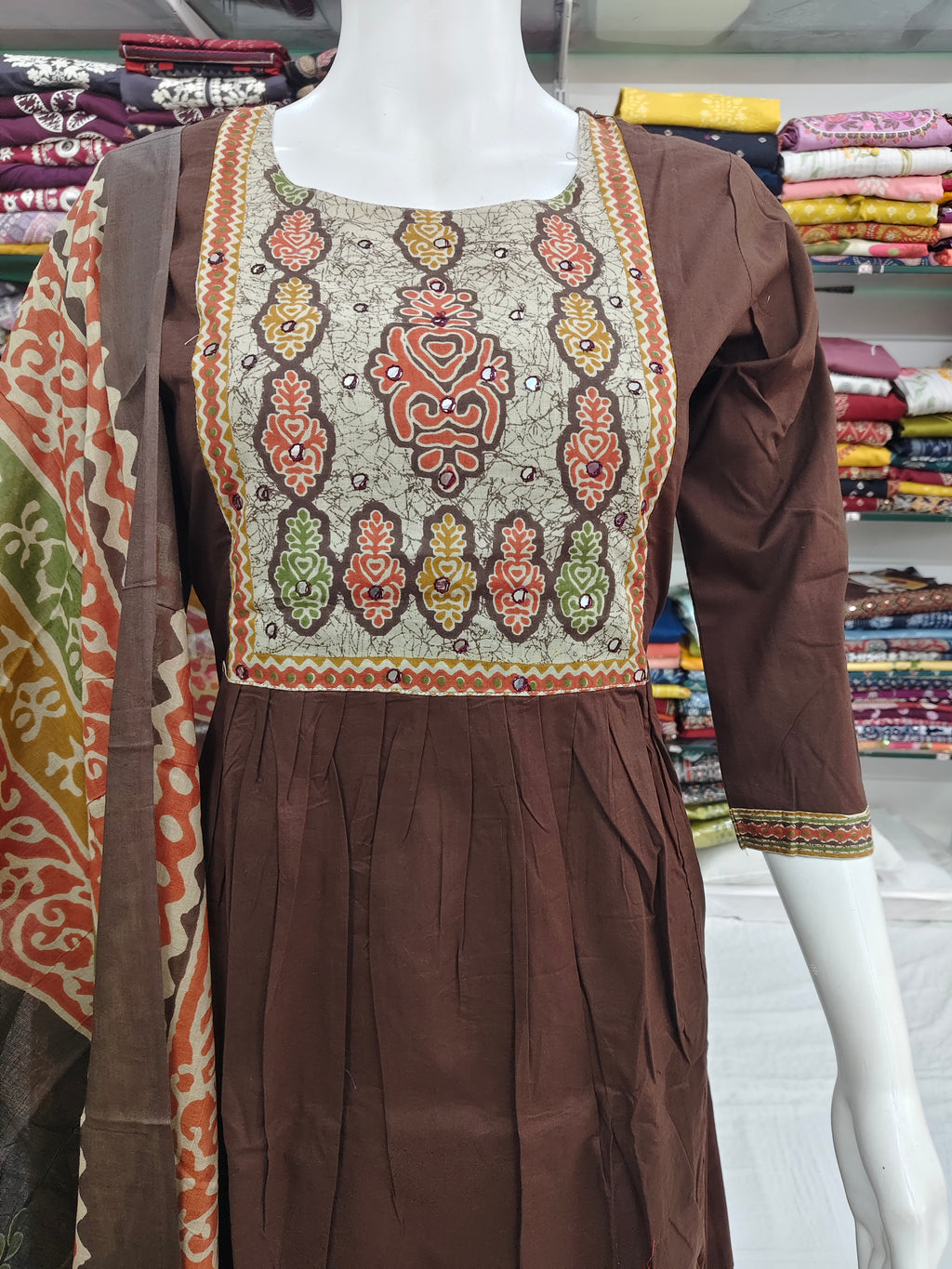 Elegant Brown Cotton Kurti Set with Printed Dupatta & Bottom