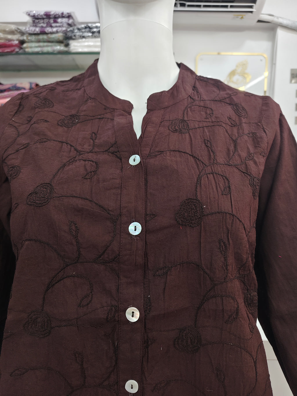 Elegant Coffee Brown Embroidered Cotton Shirt for Women