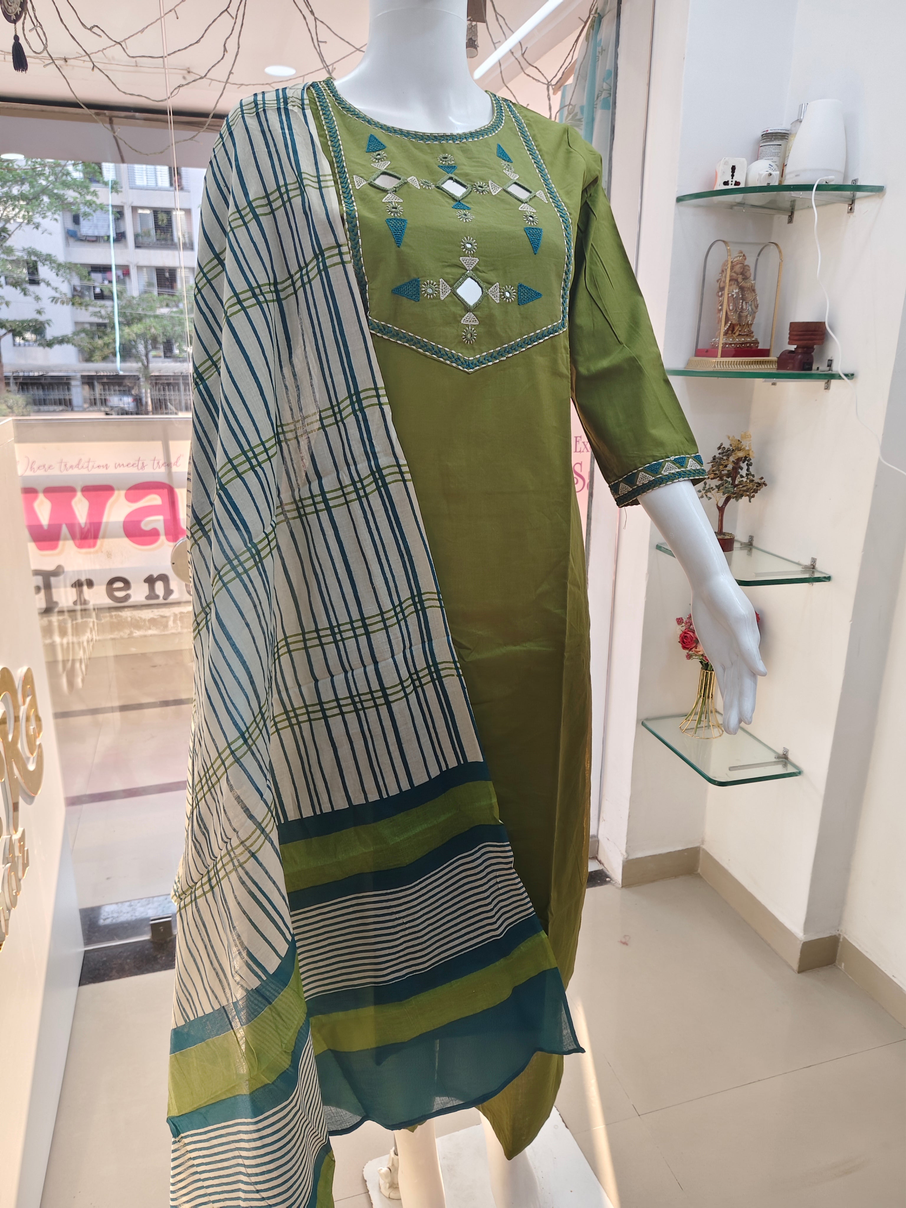 Olive Green Mirror Work Cotton Kurta Pant Dupatta Set for Women