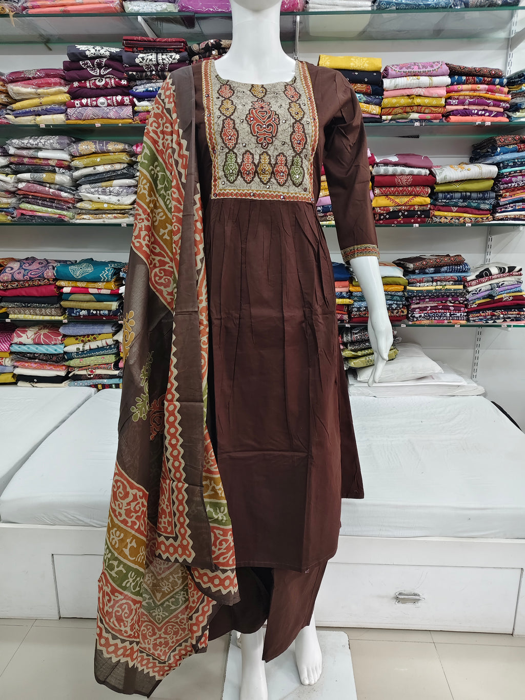Elegant Brown Cotton Kurti Set with Printed Dupatta & Bottom