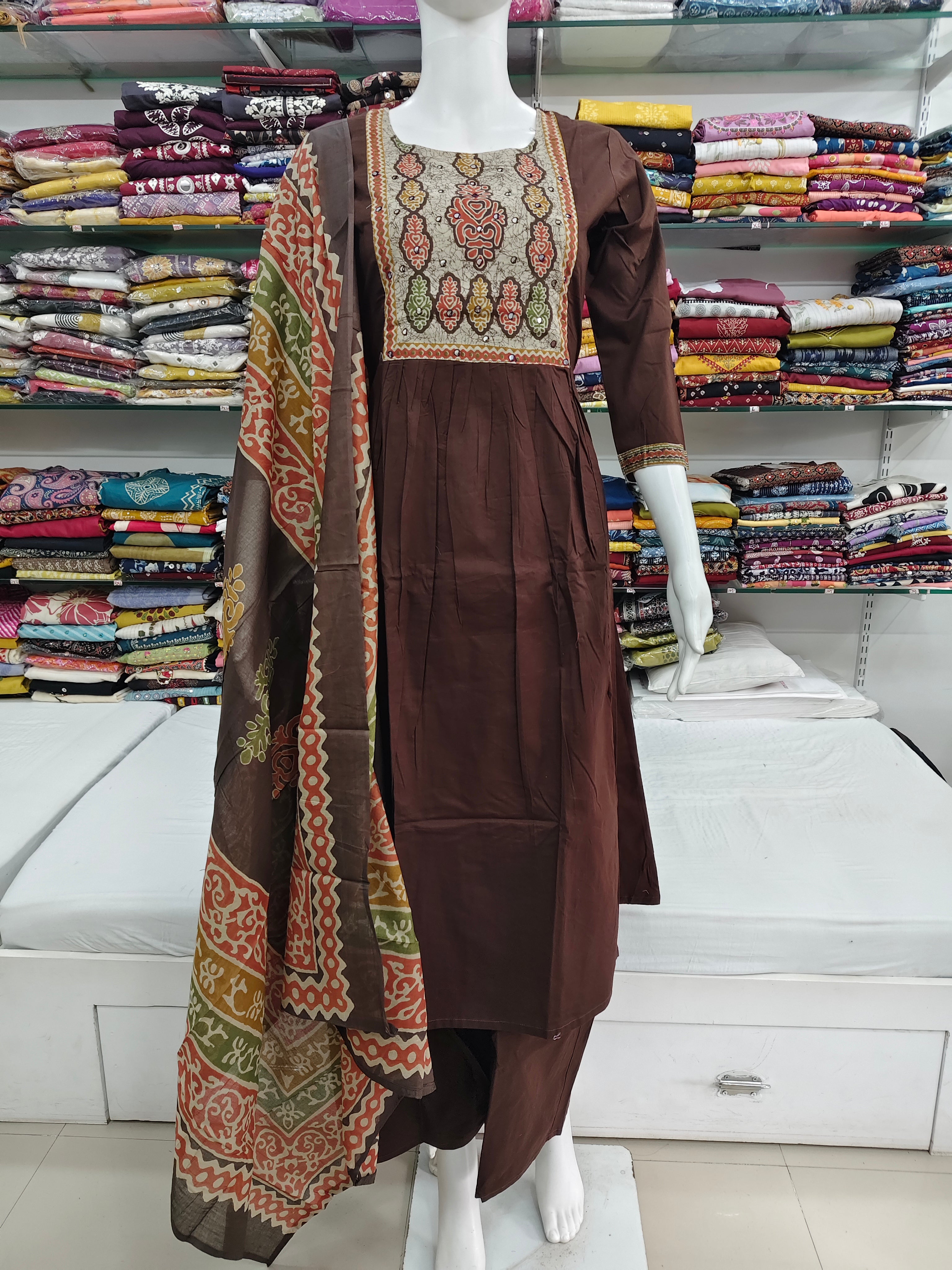 Elegant Brown Cotton Kurti Set with Printed Dupatta & Bottom