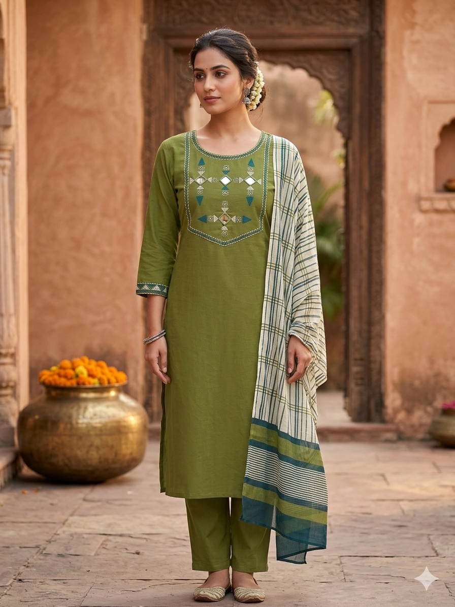Olive Green Mirror Work Cotton Kurta Pant Dupatta Set for Women