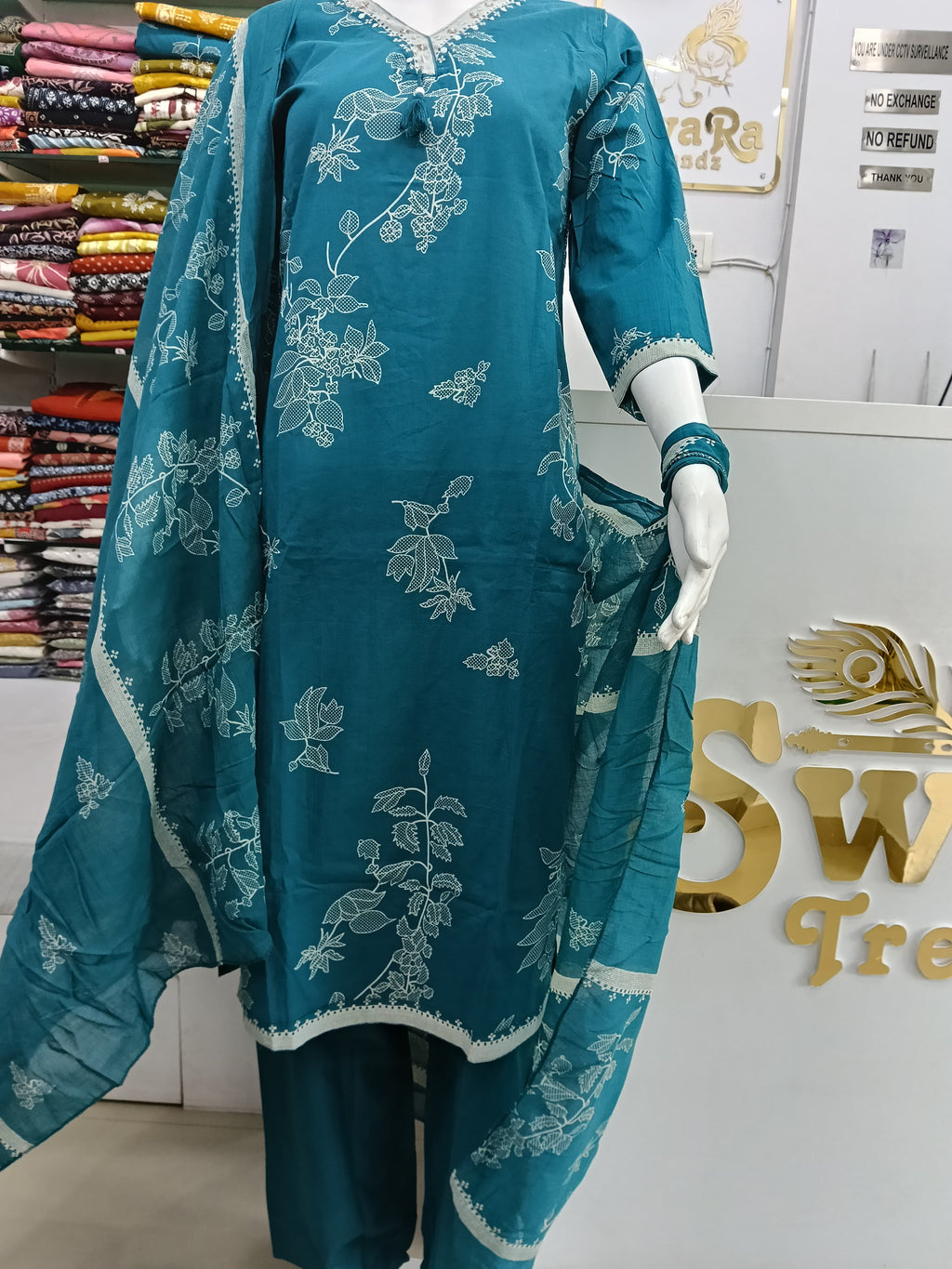 Teal Blue Mul Cotton Floral Printed Kurta Pant Dupatta Set for Women | Elegant Ethnic 3 Piece Suit