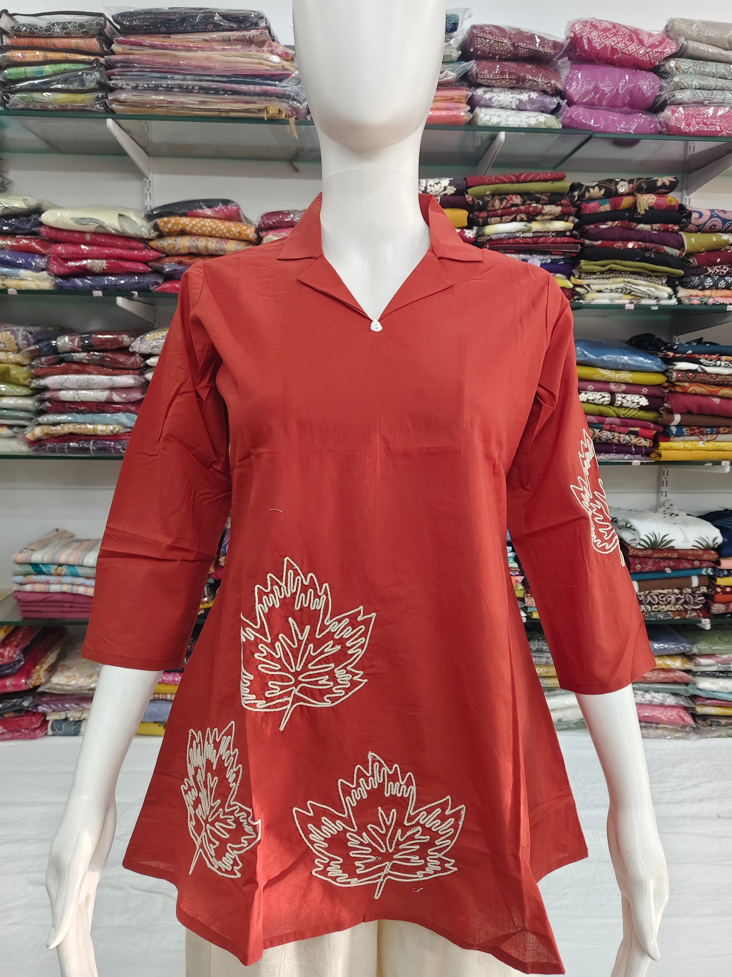 Rust Red Cotton Short Top with Leaf Embroidery | Casual A-Line Tunic for Women