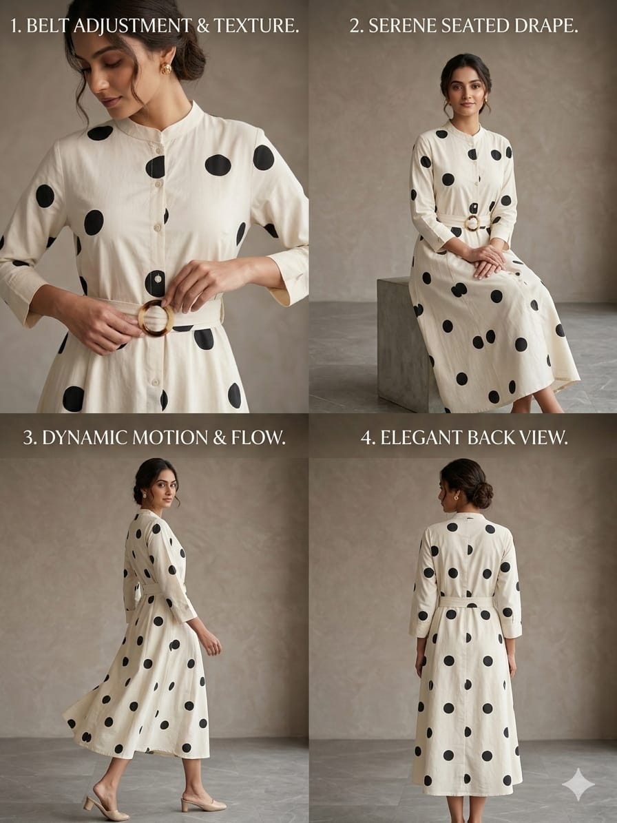 Elegant Polka Dot Belted One-Piece Dress – Imported Fabric | Button-Down Midi Dress for Women