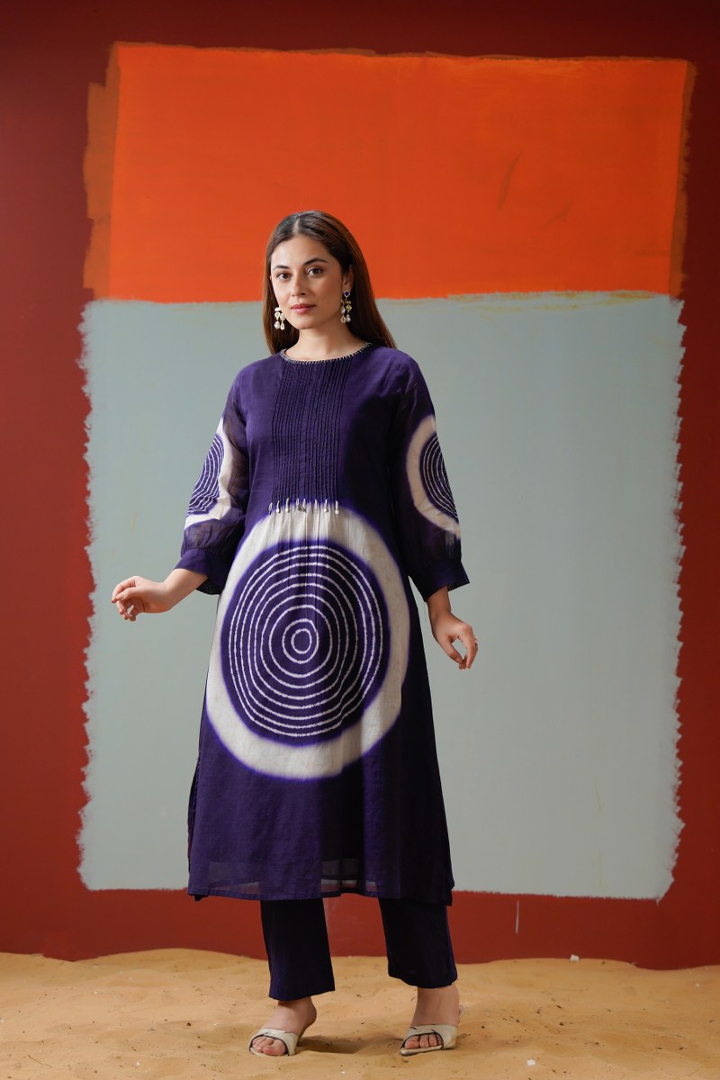 Pure Mul Royal Indigo Tie-Dye Pleated Kurta Set with both side pocket