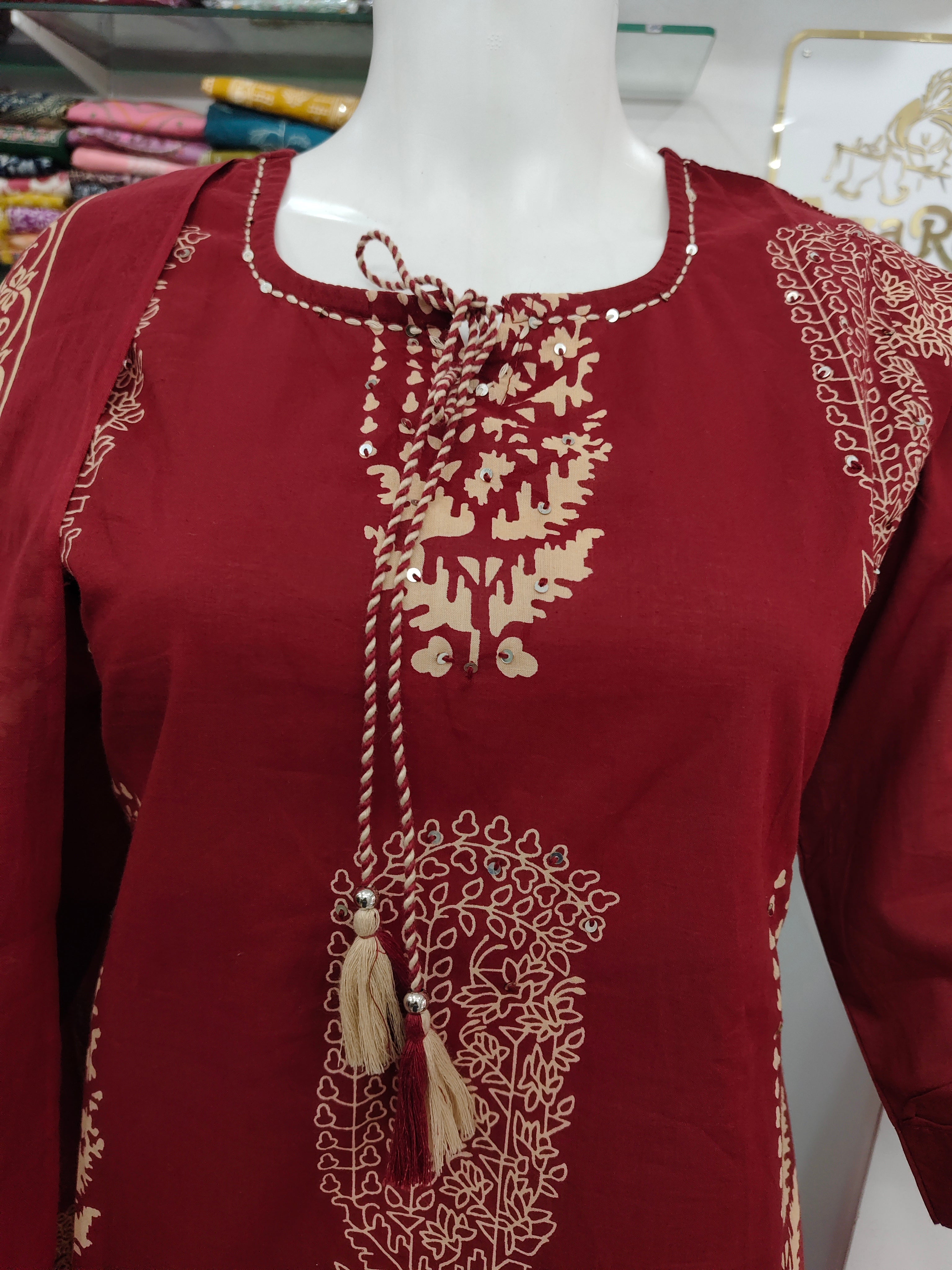 Maroon Cotton Printed Kurta Set with Matching Dupatta and tassel- 3 piece ethnic wear