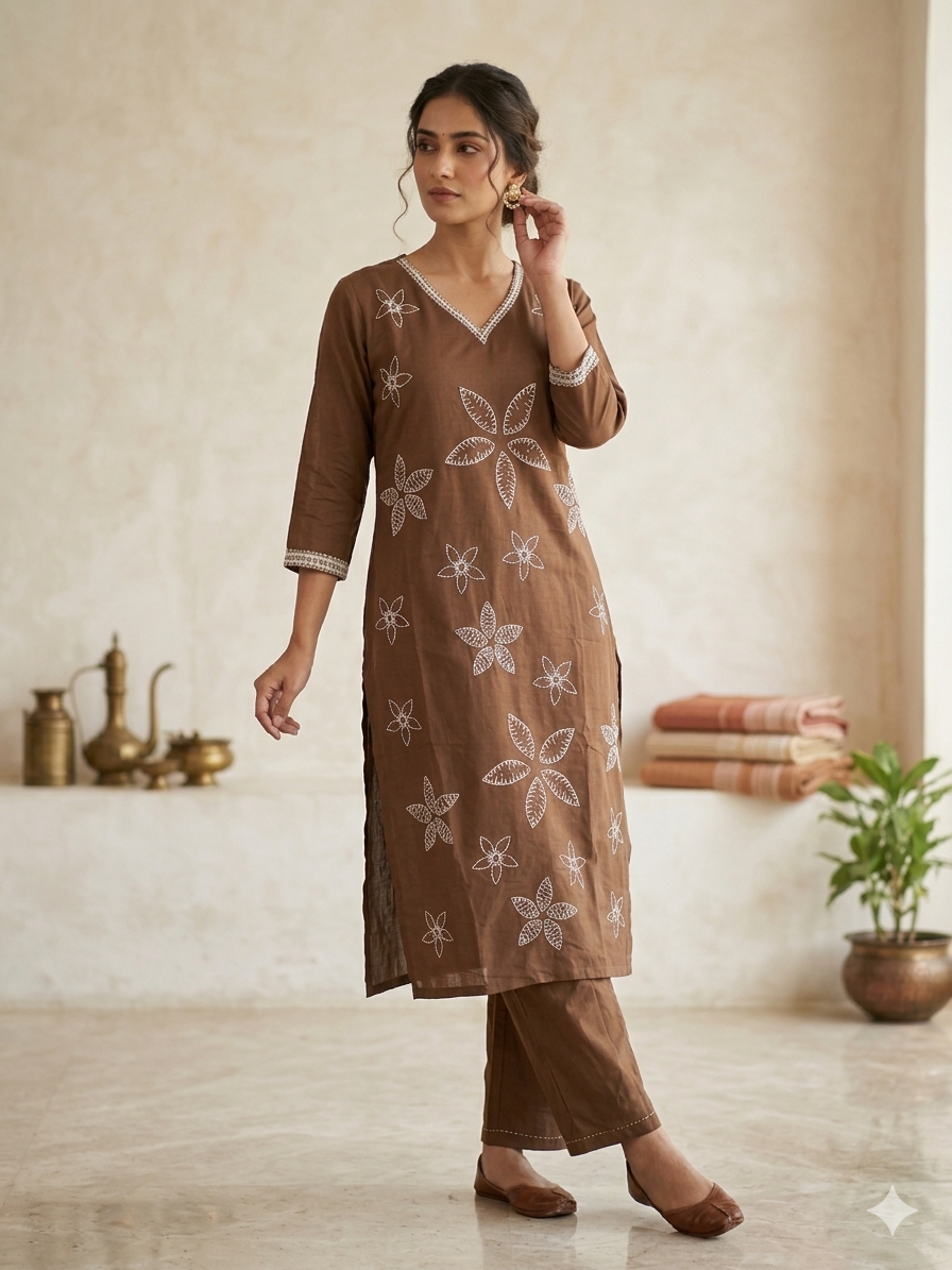 Elegant Chocolate Brown Embroidered 2-Piece Kurta Pant Set